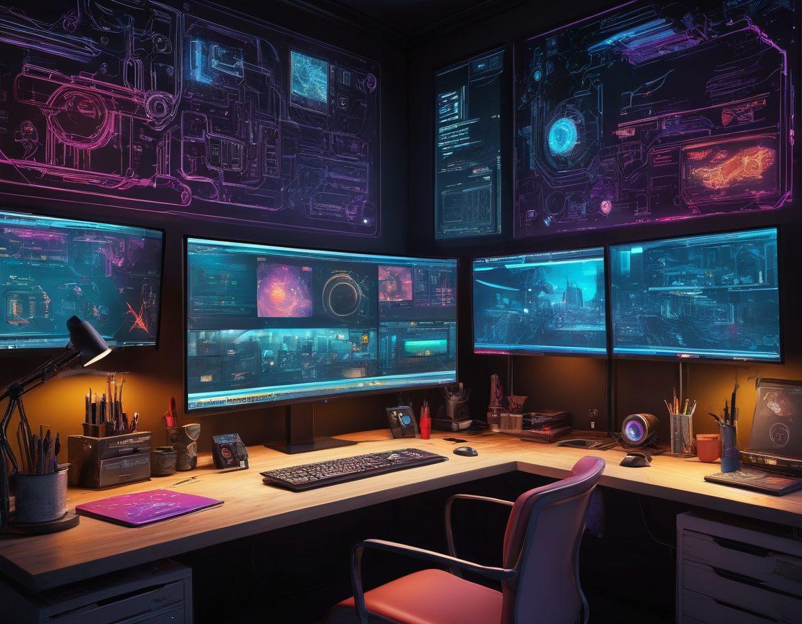 A dynamic scene featuring a digital workspace with a computer screen displaying game modding software, surrounded by vibrant banners of popular game characters and art tools. Include sketches of in-game enhancements scattered around, bright colors, and a creative glow that symbolizes innovation. The atmosphere should feel energetic and inspiring, showing objects like game controllers, paintbrushes, and design elements. cyberpunk. vibrant colors. 3D.